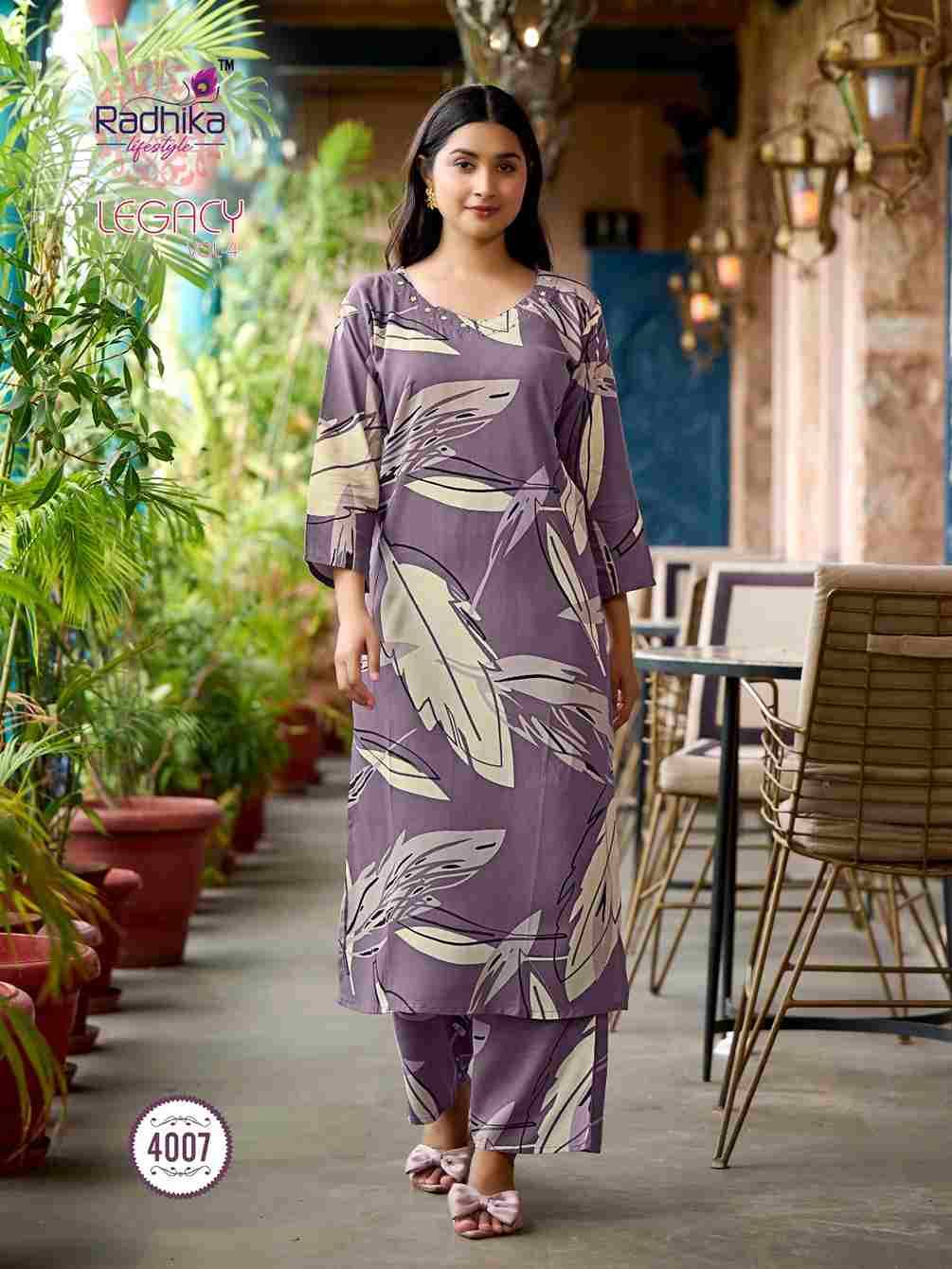 Legacy Vol-4 By Radhika Lifestyle 4001 To 4008 Series Designer Stylish Fancy Colorful Beautiful Party Wear & Ethnic Wear Collection Heavy Rayon Co-Ord At Wholesale Price