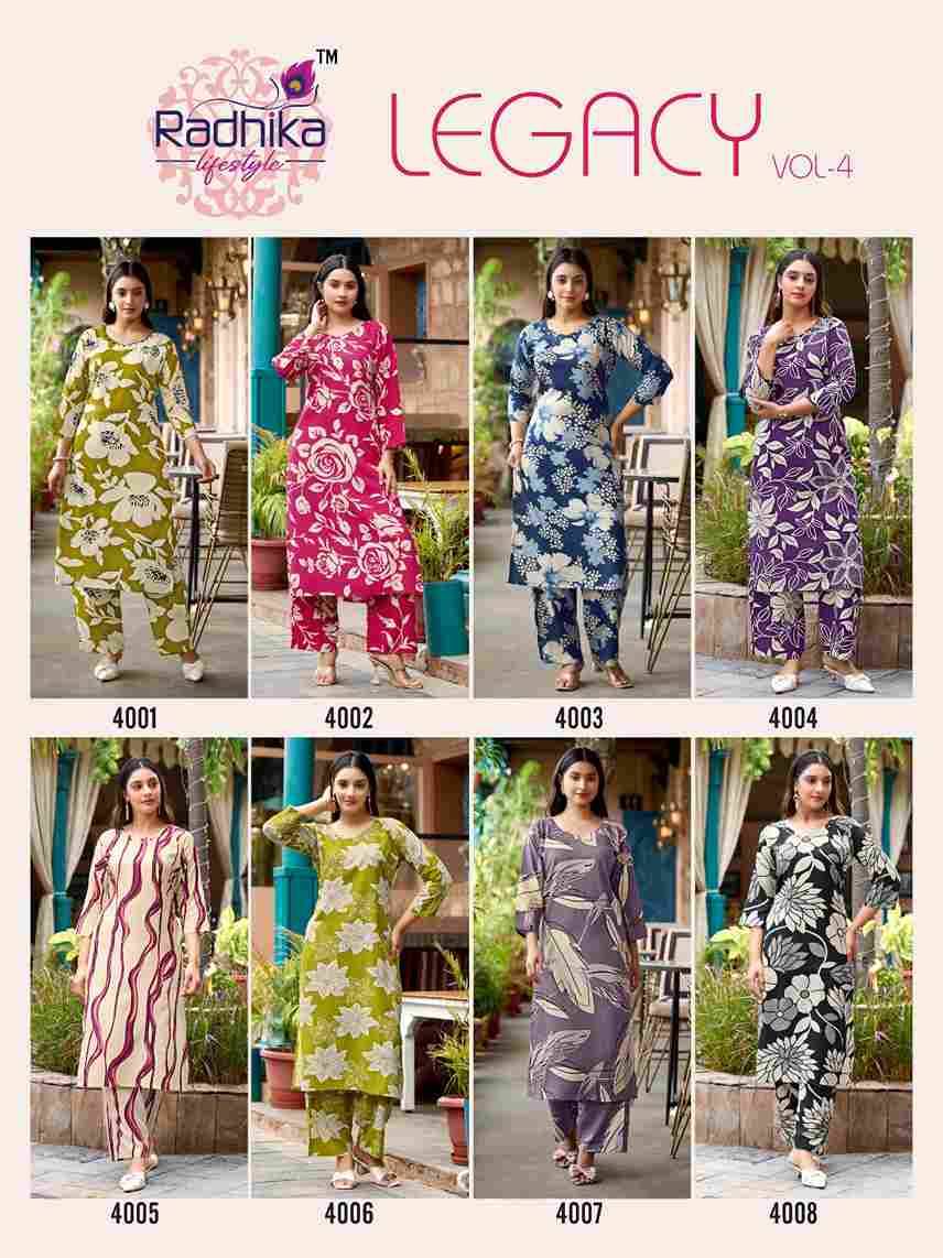 Legacy Vol-4 By Radhika Lifestyle 4001 To 4008 Series Designer Stylish Fancy Colorful Beautiful Party Wear & Ethnic Wear Collection Heavy Rayon Co-Ord At Wholesale Price