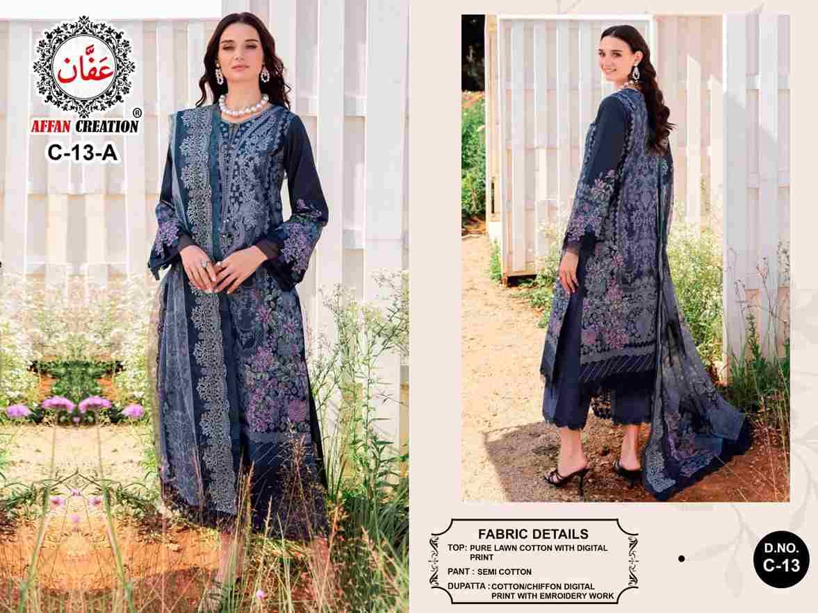Affan Creation 13 Colours By Affan Creation 13-A To 13-D Series Beautiful Pakistani Suits Colorful Stylish Fancy Casual Wear & Ethnic Wear Pure Lawn Cotton Embroidered Dresses At Wholesale Price