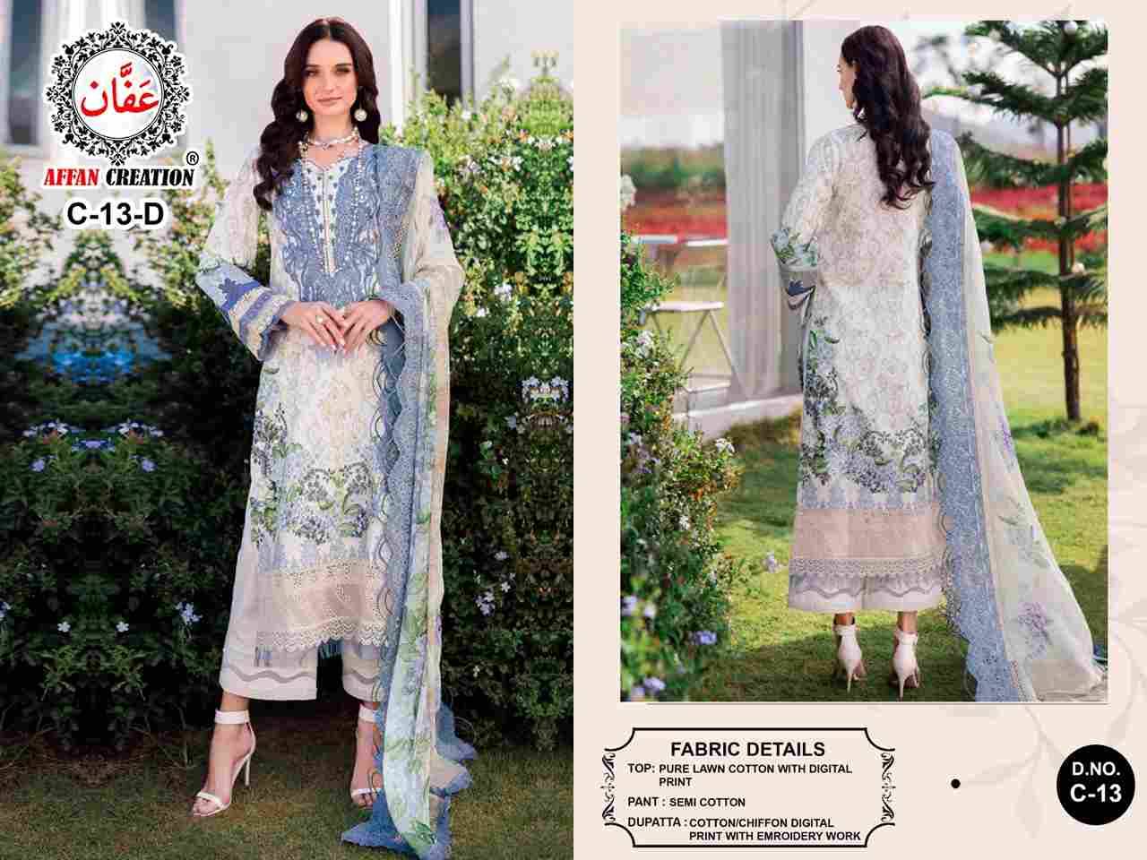 Affan Creation 13 Colours By Affan Creation 13-A To 13-D Series Beautiful Pakistani Suits Colorful Stylish Fancy Casual Wear & Ethnic Wear Pure Lawn Cotton Embroidered Dresses At Wholesale Price