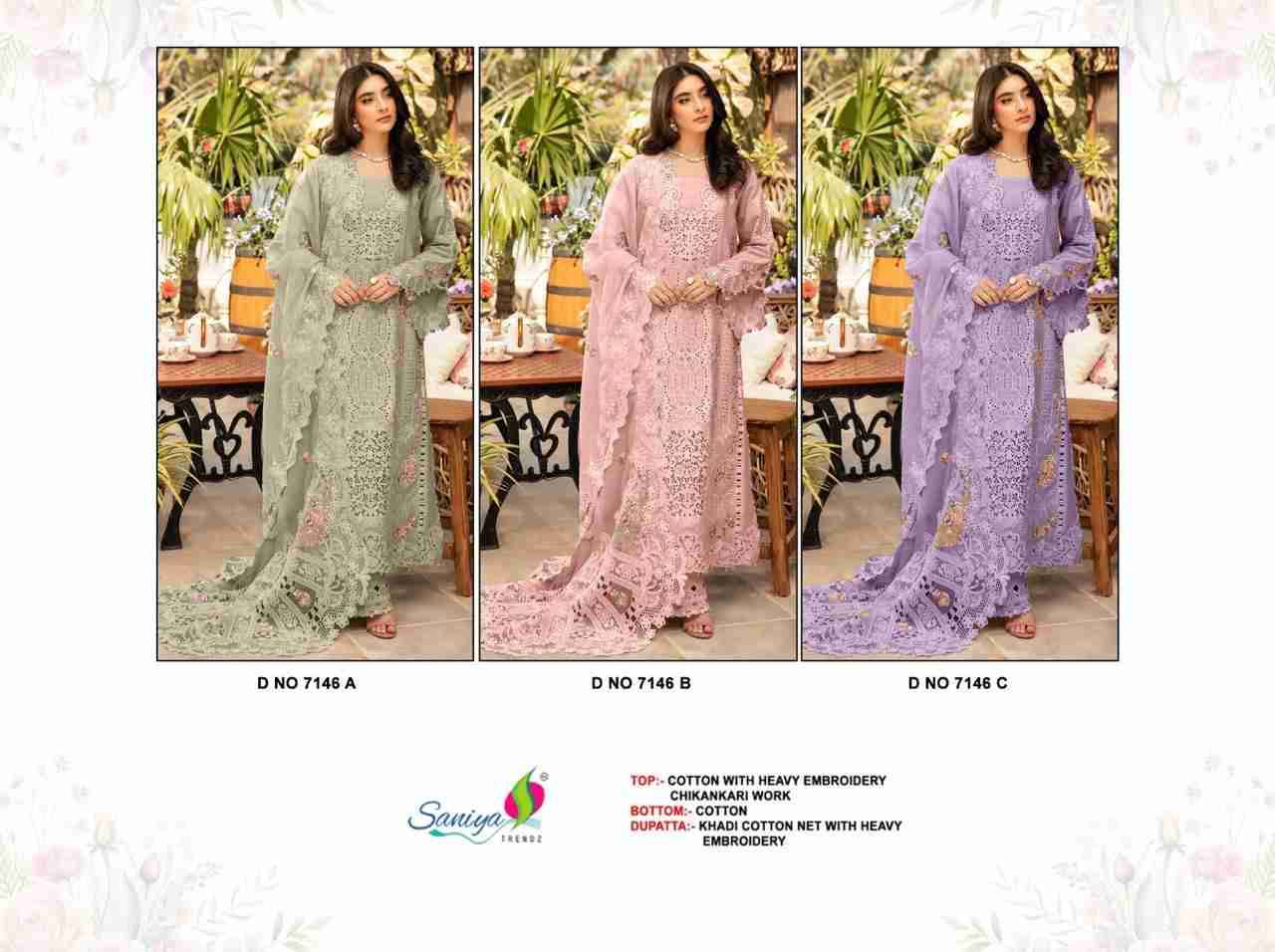 Saniya Trendz 7146 Colours By Saniya Trendz 7146-A To 7146-C Series Beautiful Pakistani Suits Colorful Stylish Fancy Casual Wear & Ethnic Wear Cotton Embroidered Dresses At Wholesale Price
