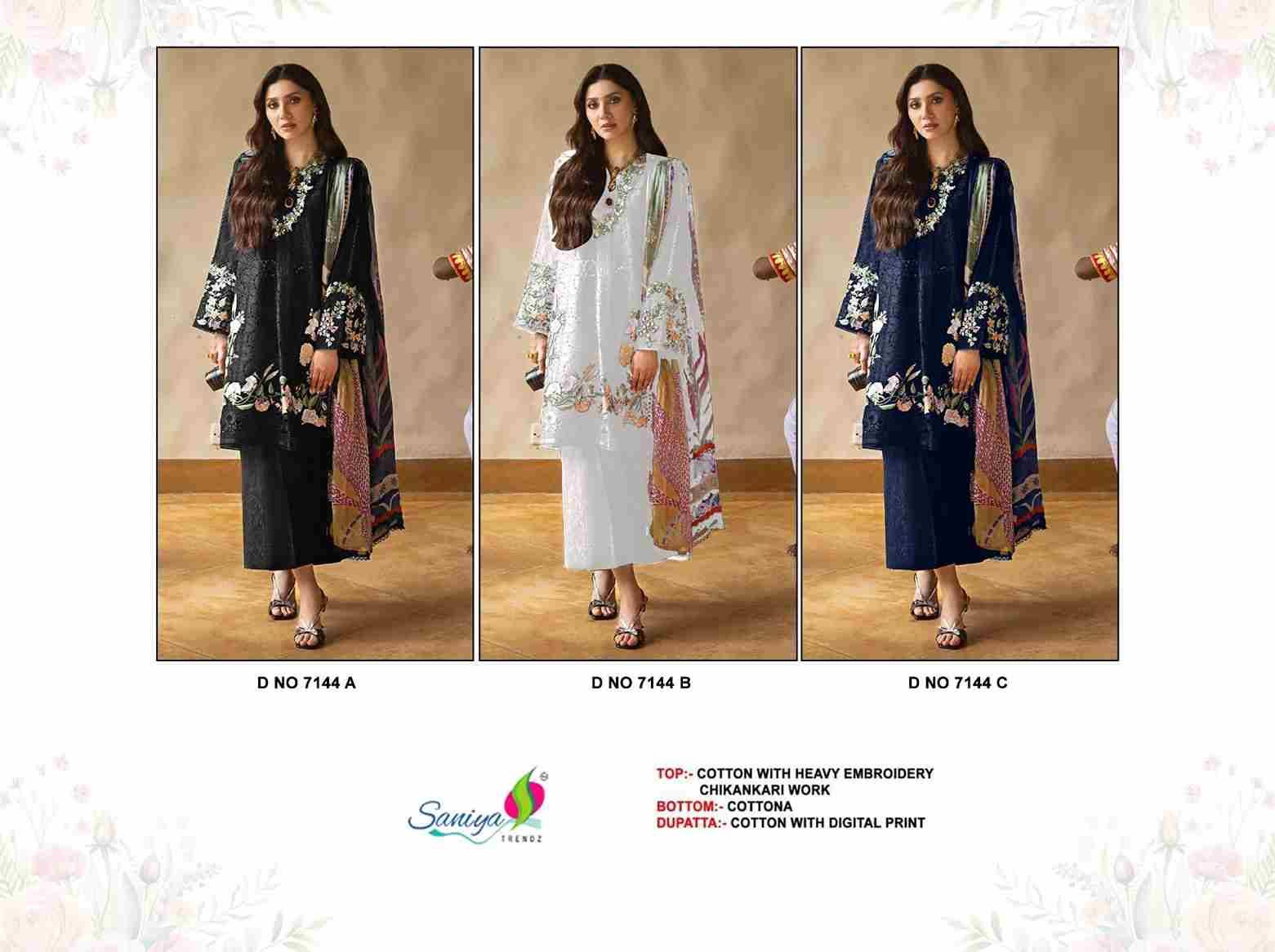 Saniya Trendz 7144 Colours By Saniya Trendz 7144-A To 7144-C Series Beautiful Pakistani Suits Colorful Stylish Fancy Casual Wear & Ethnic Wear Cotton Embroidered Dresses At Wholesale Price