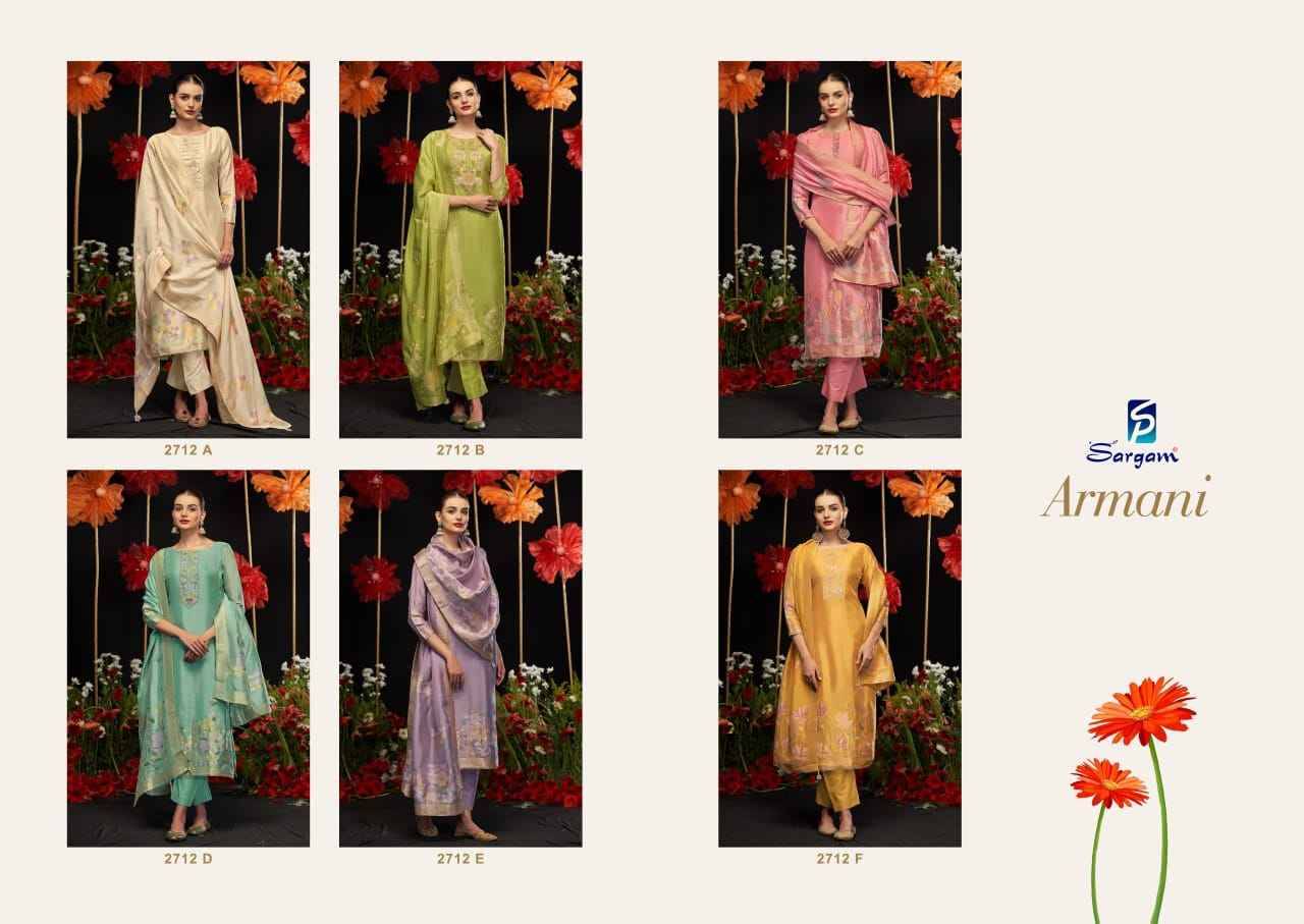 Armani By Sargam Prints 2712-A To 2712-F Series Beautiful Festive Suits Stylish Fancy Colorful Casual Wear & Ethnic Wear Pure Viscose Silk Jacquard Dresses At Wholesale Price
