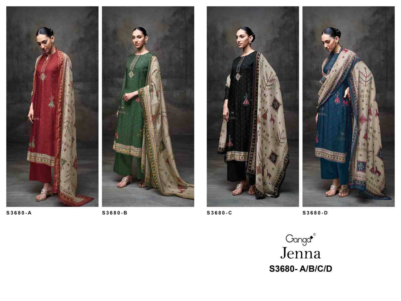 Jenna-3680 By Ganga Fashion 3680-A To 3680-D Series Beautiful Festive Suits Colorful Stylish Fancy Casual Wear & Ethnic Wear Pure Bemberg Silk Dresses At Wholesale Price