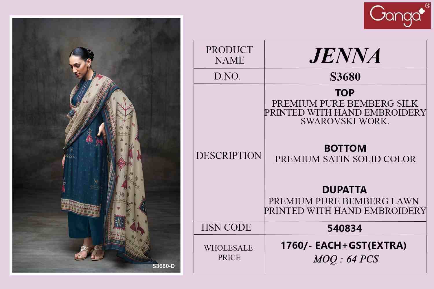 Jenna-3680 By Ganga Fashion 3680-A To 3680-D Series Beautiful Festive Suits Colorful Stylish Fancy Casual Wear & Ethnic Wear Pure Bemberg Silk Dresses At Wholesale Price