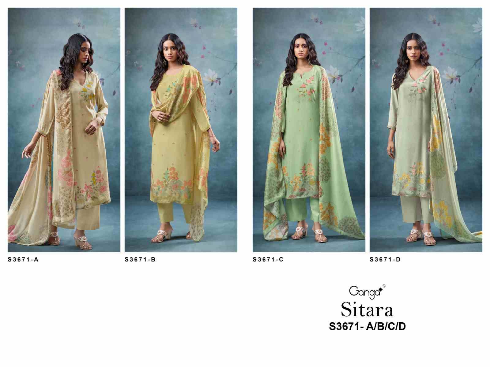 Sitara-3671 By Ganga Fashion 3671-A To 3671-D Series Beautiful Festive Suits Colorful Stylish Fancy Casual Wear & Ethnic Wear Pure Viscose Muslin Silk Dresses At Wholesale Price