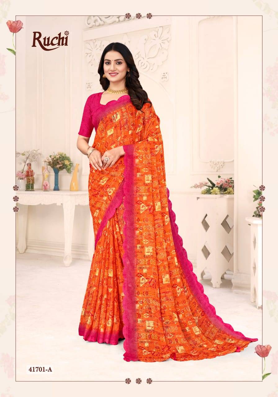 Savera Vol-12 By Ruchi Sarees 41701-A To 41703-D Series Indian Traditional Wear Collection Beautiful Stylish Fancy Colorful Party Wear & Occasional Wear Chiffon Sarees At Wholesale Price