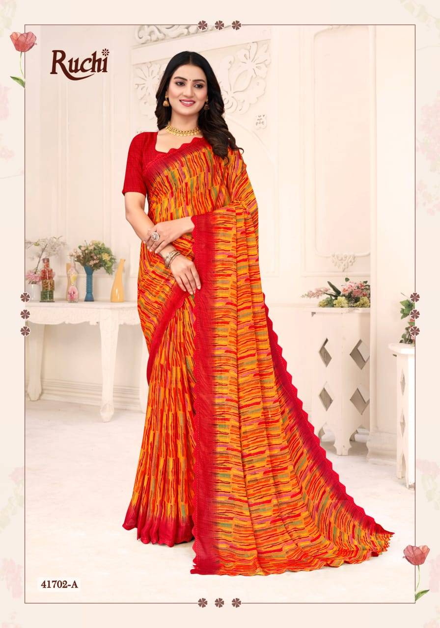 Savera Vol-12 By Ruchi Sarees 41701-A To 41703-D Series Indian Traditional Wear Collection Beautiful Stylish Fancy Colorful Party Wear & Occasional Wear Chiffon Sarees At Wholesale Price