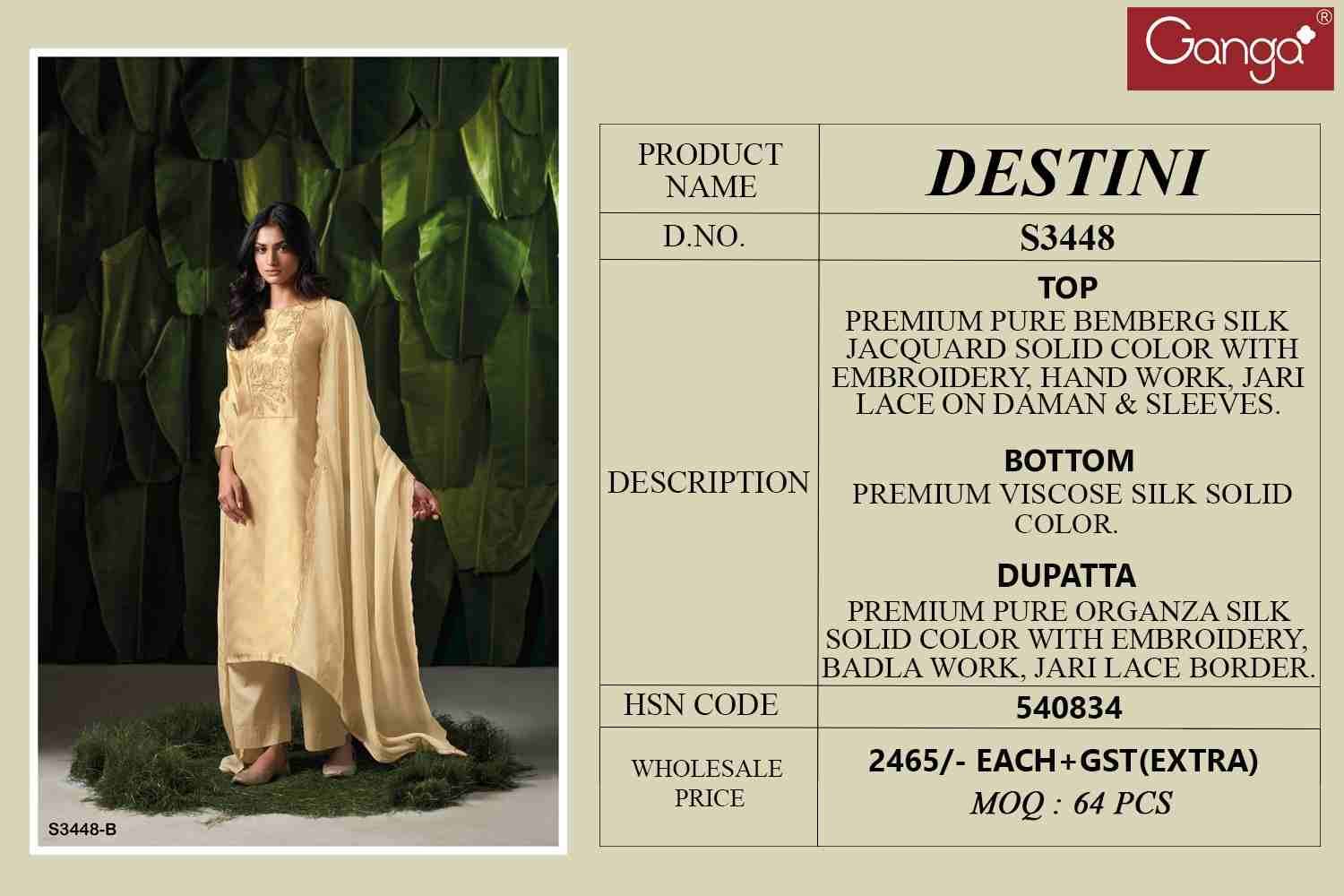 Destini-3448 By Ganga Fashion 3448-A To 3448-B Series Beautiful Festive Suits Colorful Stylish Fancy Casual Wear & Ethnic Wear Pure Bemberg Silk Dresses At Wholesale Price