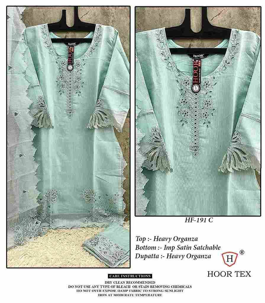 Hoor Tex Hit Design HF-191 Colours By Hoor Tex HF-191-A To HF-191-D Series Designer Festive Pakistani Suits Collection Beautiful Stylish Fancy Colorful Party Wear & Occasional Wear Heavy Organza Embroidered Dresses At Wholesale Price