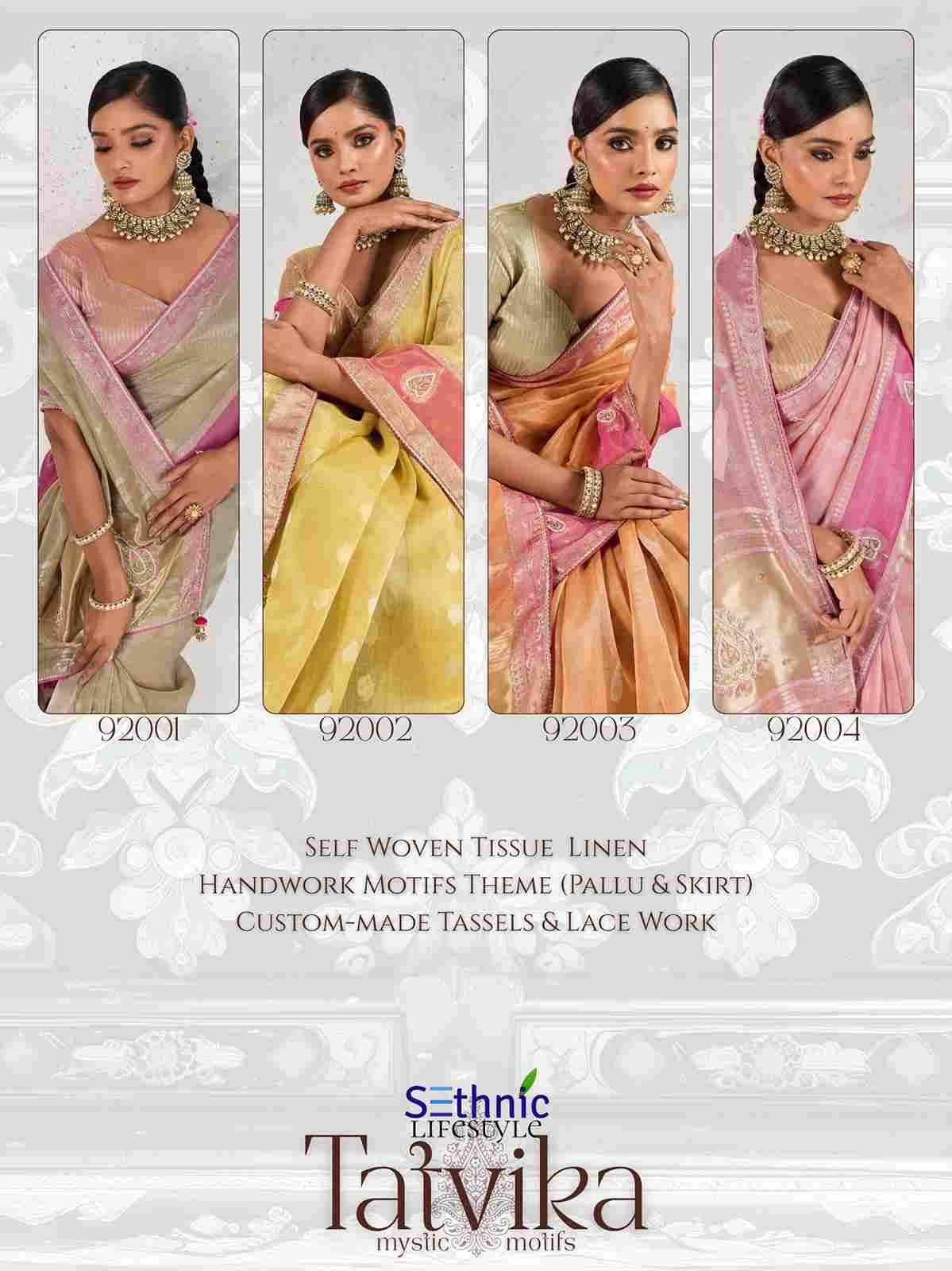 Tatvika By Sethnic 92001 To 92004 Series Indian Traditional Wear Collection Beautiful Stylish Fancy Colorful Party Wear & Occasional Wear Tissue Linen Sarees At Wholesale Price