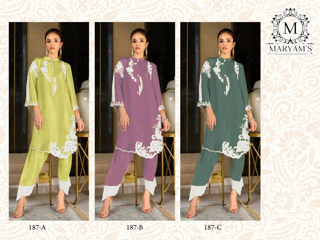 Maryams 187 Colours Kl By Maryams 187-A To 187-C Series Pakistani Suits Beautiful Fancy Colorful Stylish Party Wear & Occasional Wear Heavy French Crepe Embroidery Dresses At Wholesale Price