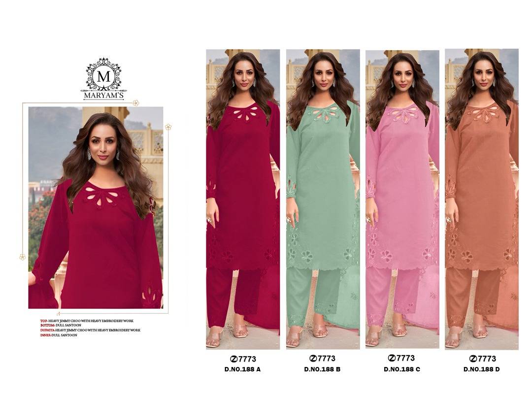 Maryams 188 Colours Kl By Maryams 188-A To 188-D Series Pakistani Suits Beautiful Fancy Colorful Stylish Party Wear & Occasional Wear Heavy Jimmy Choo Embroidery Dresses At Wholesale Price