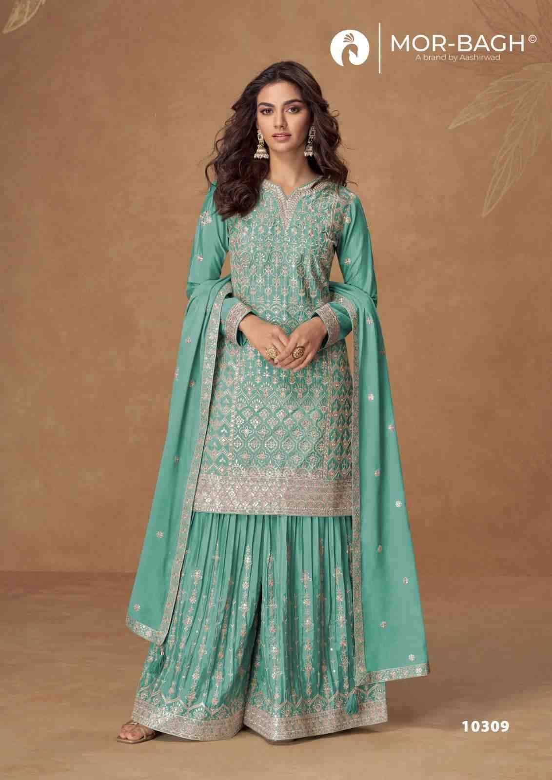 Rushika By Mor-Bagh 10309 To 10312 Series Beautiful Sharara Suits Colorful Stylish Fancy Casual Wear & Ethnic Wear Chinnon Silk Embroidery Dresses At Wholesale Price