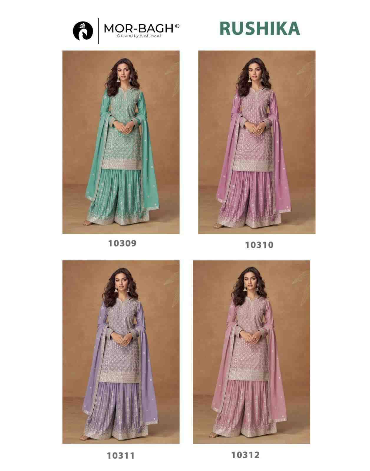 Rushika By Mor-Bagh 10309 To 10312 Series Beautiful Sharara Suits Colorful Stylish Fancy Casual Wear & Ethnic Wear Chinnon Silk Embroidery Dresses At Wholesale Price