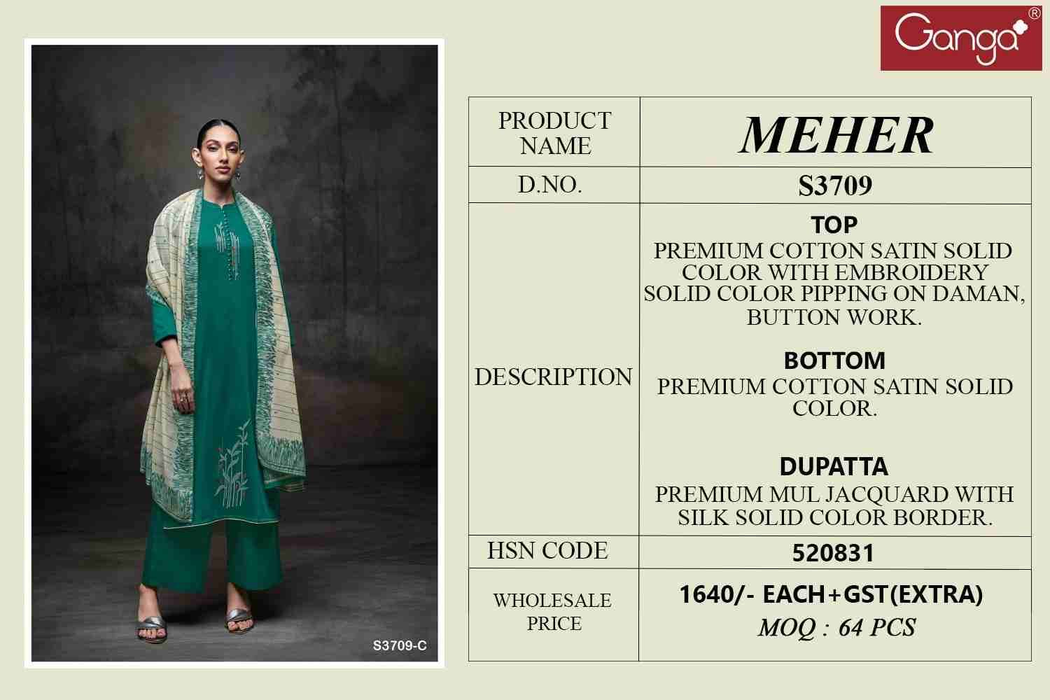 Meher-3709 By Ganga Fashion 3709-A To 3709-D Series Beautiful Festive Suits Colorful Stylish Fancy Casual Wear & Ethnic Wear Premium Cotton Satin Dresses At Wholesale Price