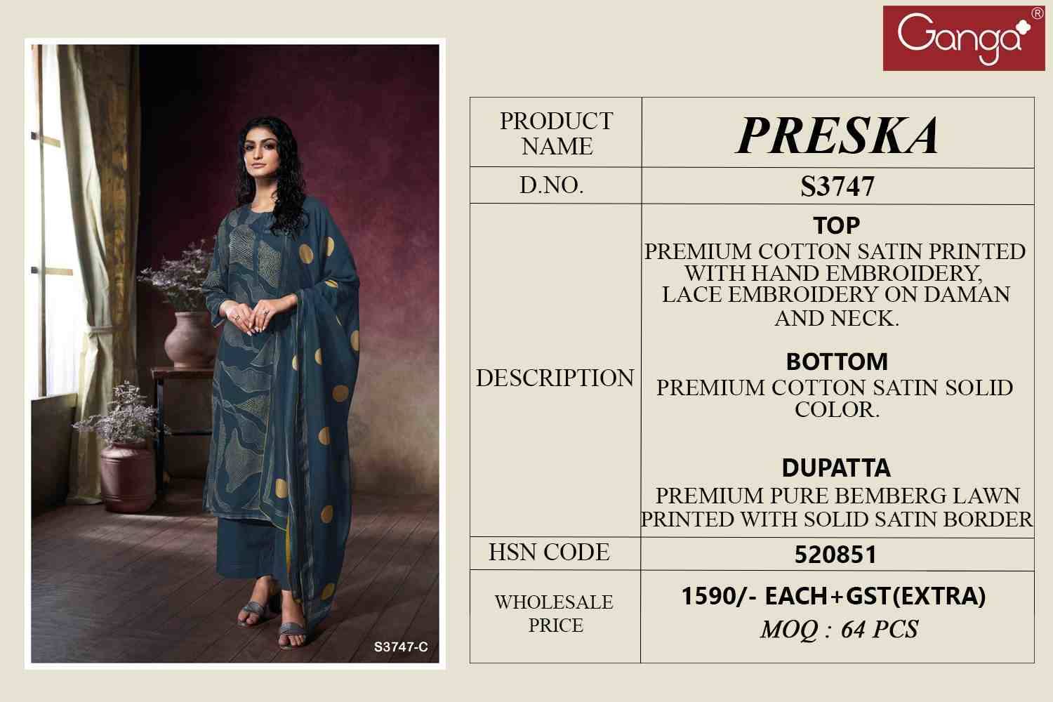 Preska-3747 By Ganga Fashion 3747-A To 3747-D Series Beautiful Festive Suits Colorful Stylish Fancy Casual Wear & Ethnic Wear Premium Cotton Satin Dresses At Wholesale Price