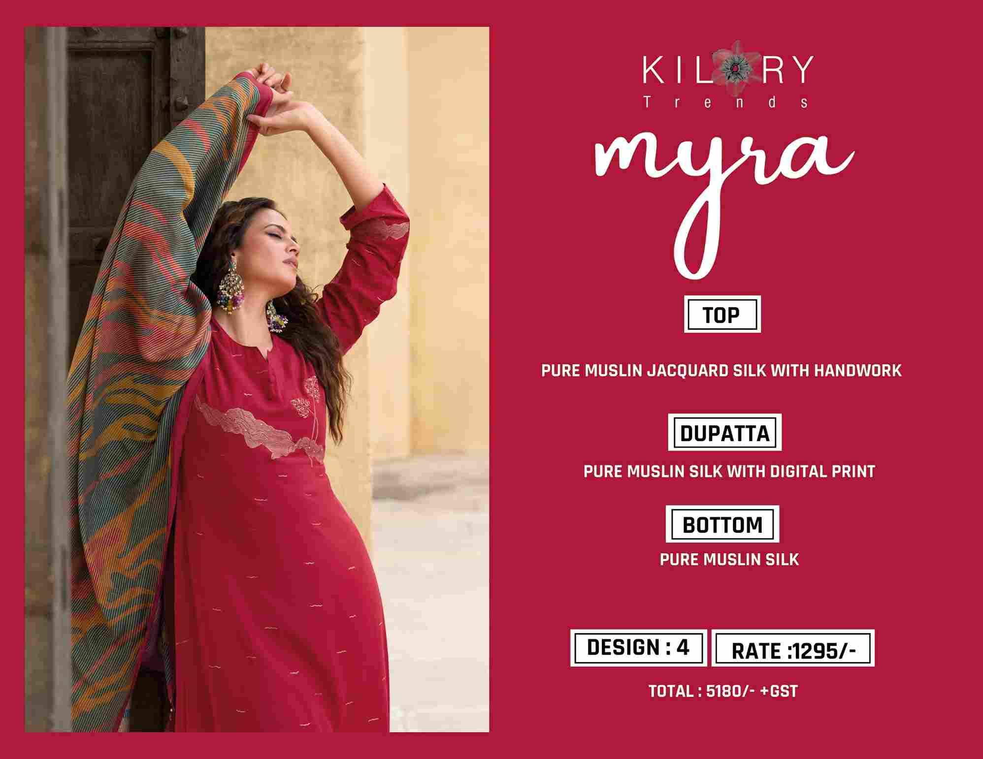 Myra By Kilory 1721 To 1724 Series Beautiful Festive Suits Colorful Stylish Fancy Casual Wear & Ethnic Wear Pure Muslin Jacquard Silk Dresses At Wholesale Price