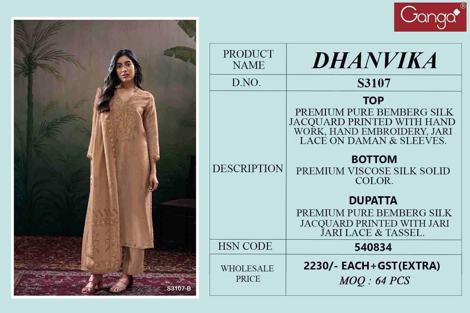 Dhanvika-3107 By Ganga Fashion 3107-A To 3107-D Series Beautiful Festive Suits Colorful Stylish Fancy Casual Wear & Ethnic Wear Premium Bemberg Silk Jacquard Dresses At Wholesale Price