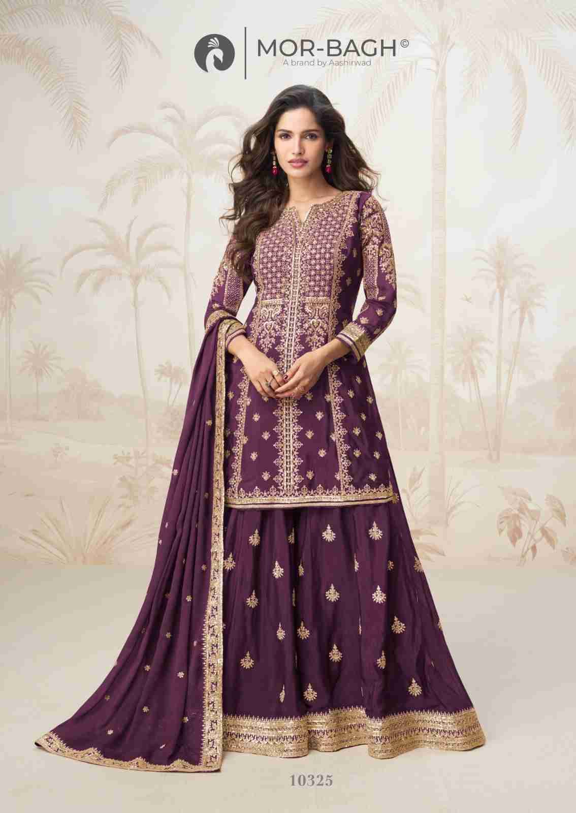 Mumtaz By Mor-Bagh 10325 To 10329 Series Beautiful Sharara Suits Colorful Stylish Fancy Casual Wear & Ethnic Wear Chinnon Silk Embroidery Dresses At Wholesale Price