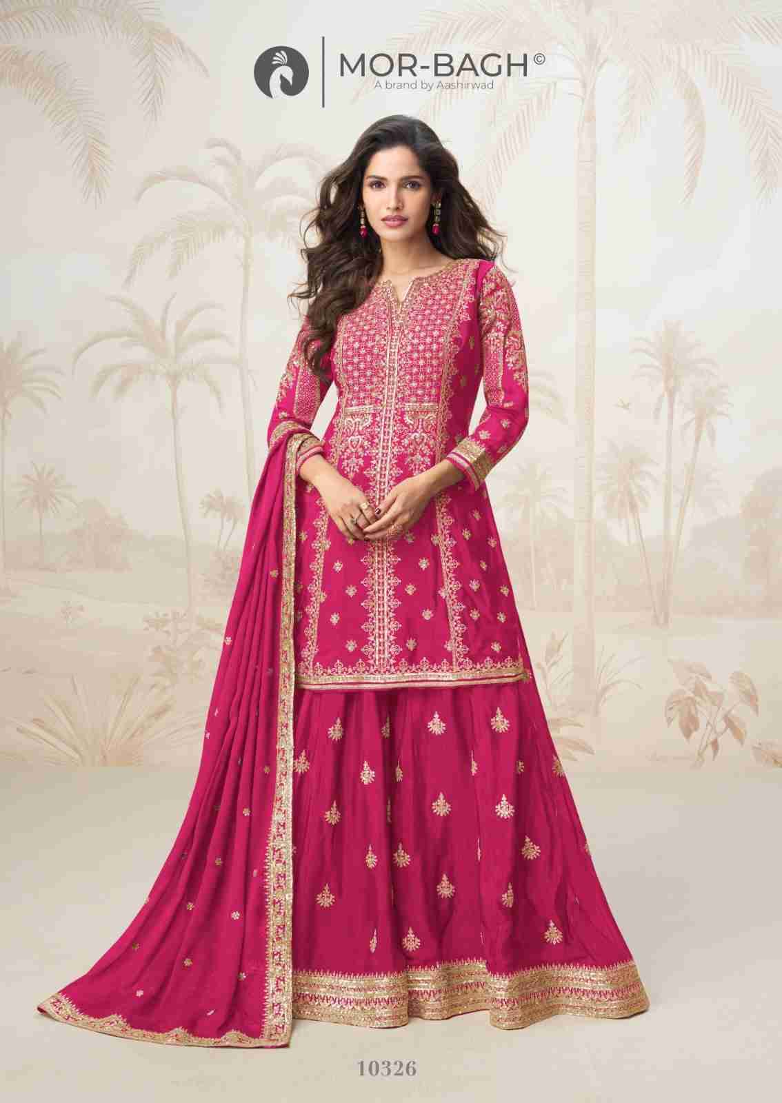 Mumtaz By Mor-Bagh 10325 To 10329 Series Beautiful Sharara Suits Colorful Stylish Fancy Casual Wear & Ethnic Wear Chinnon Silk Embroidery Dresses At Wholesale Price