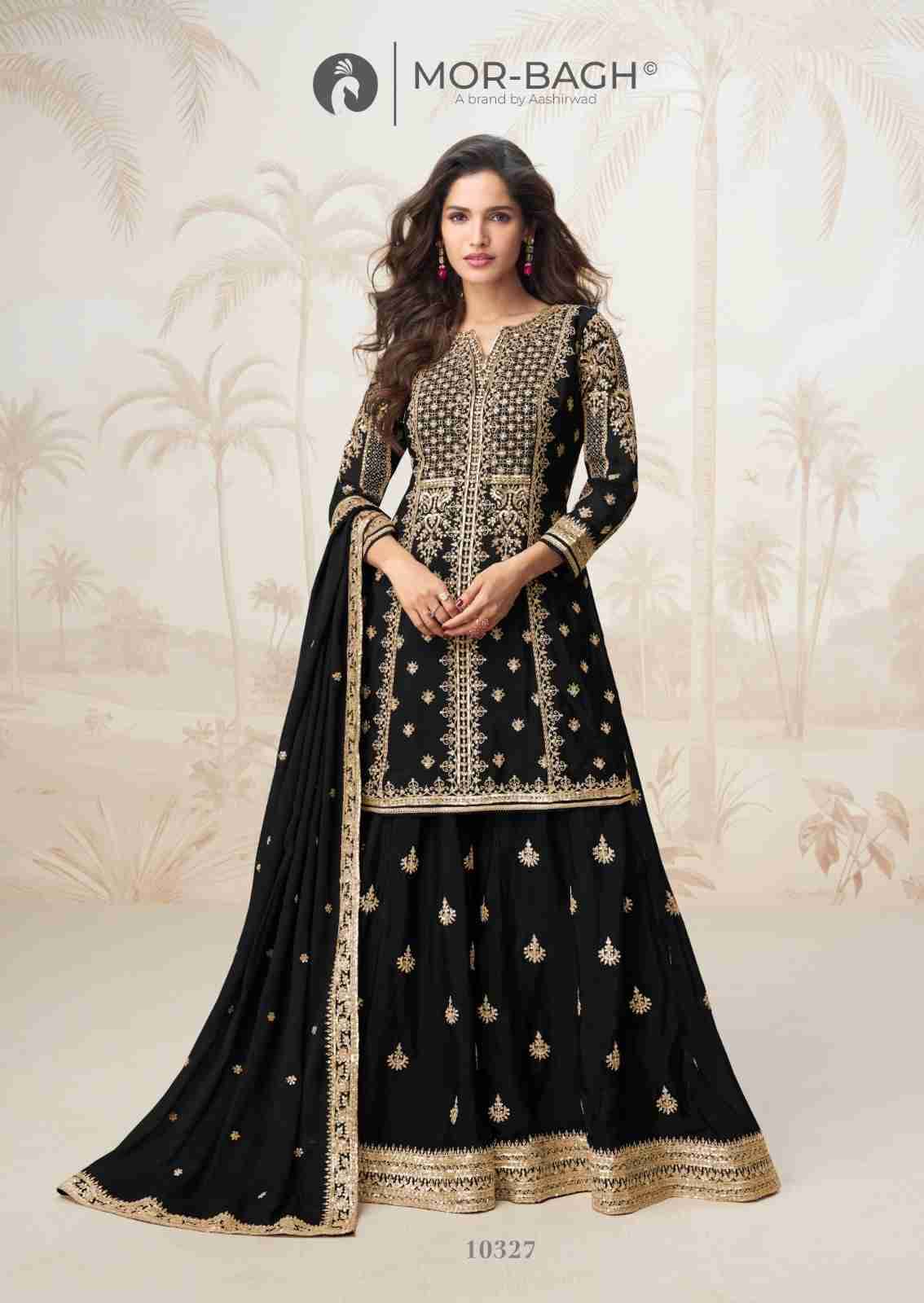 Mumtaz By Mor-Bagh 10325 To 10329 Series Beautiful Sharara Suits Colorful Stylish Fancy Casual Wear & Ethnic Wear Chinnon Silk Embroidery Dresses At Wholesale Price