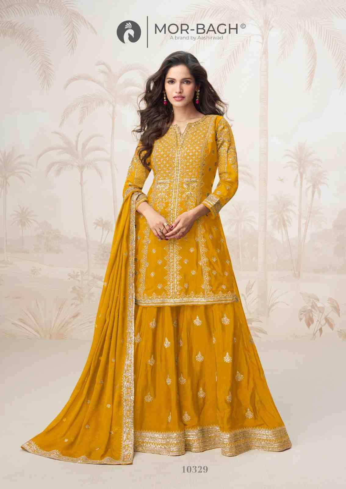 Mumtaz By Mor-Bagh 10325 To 10329 Series Beautiful Sharara Suits Colorful Stylish Fancy Casual Wear & Ethnic Wear Chinnon Silk Embroidery Dresses At Wholesale Price
