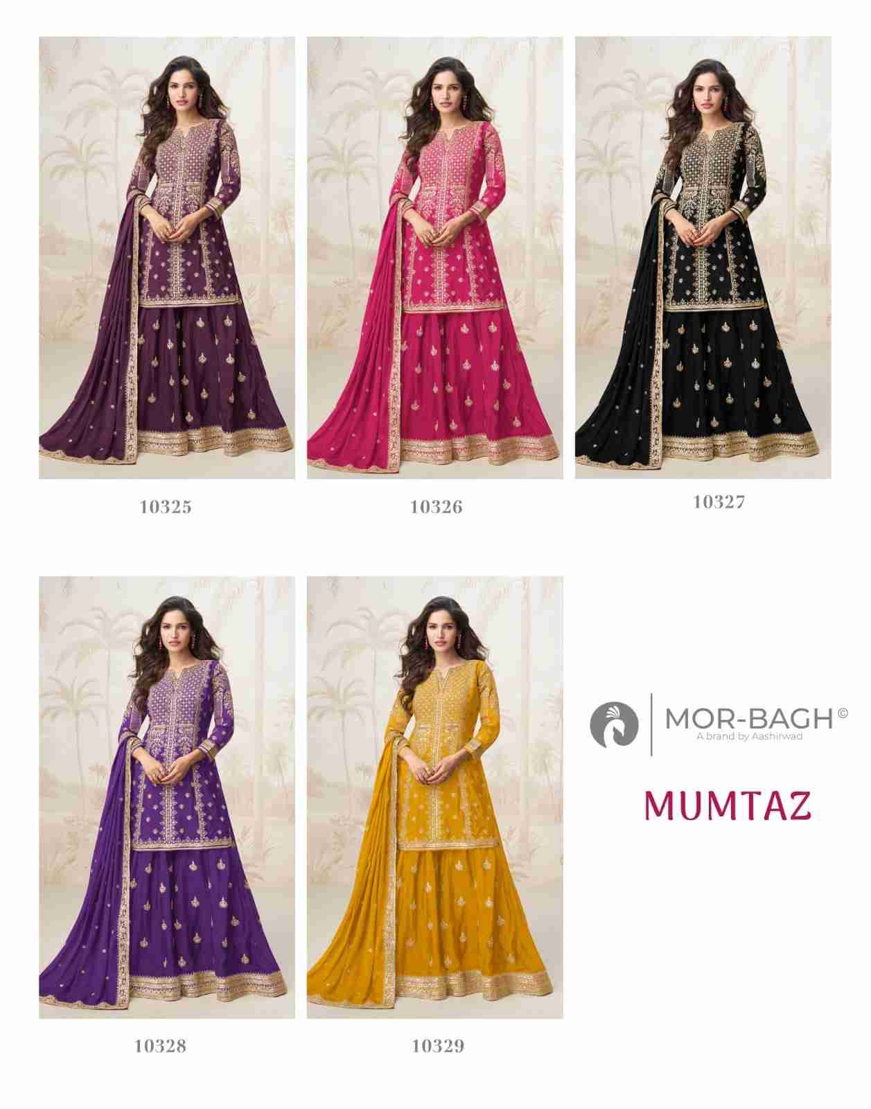 Mumtaz By Mor-Bagh 10325 To 10329 Series Beautiful Sharara Suits Colorful Stylish Fancy Casual Wear & Ethnic Wear Chinnon Silk Embroidery Dresses At Wholesale Price