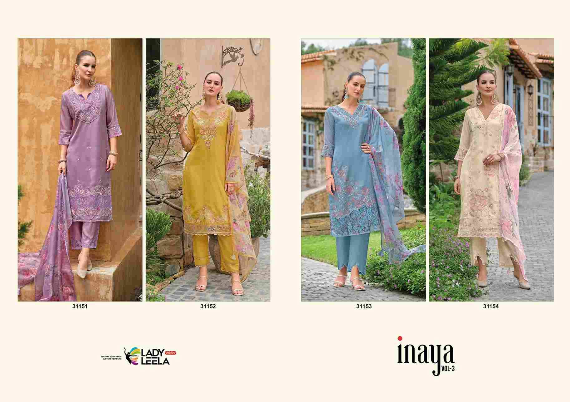 Inaya Vol-3 By Lady Leela 31151 To 31154 Series Beautiful Festive Suits Colorful Stylish Fancy Casual Wear & Ethnic Wear Pure Organza With Work Dresses At Wholesale Price
