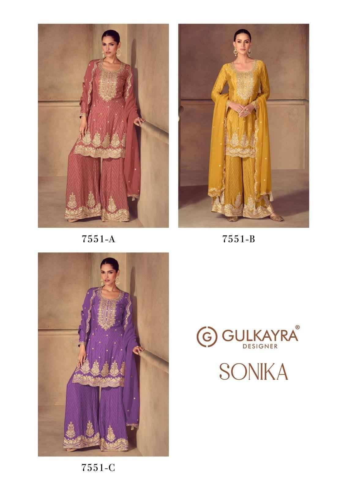 Sonika By Gulkayra Designer 7551-A To 7551-C Series Beautiful Sharara Suits Colorful Stylish Fancy Casual Wear & Ethnic Wear Chinnon Dresses At Wholesale Price