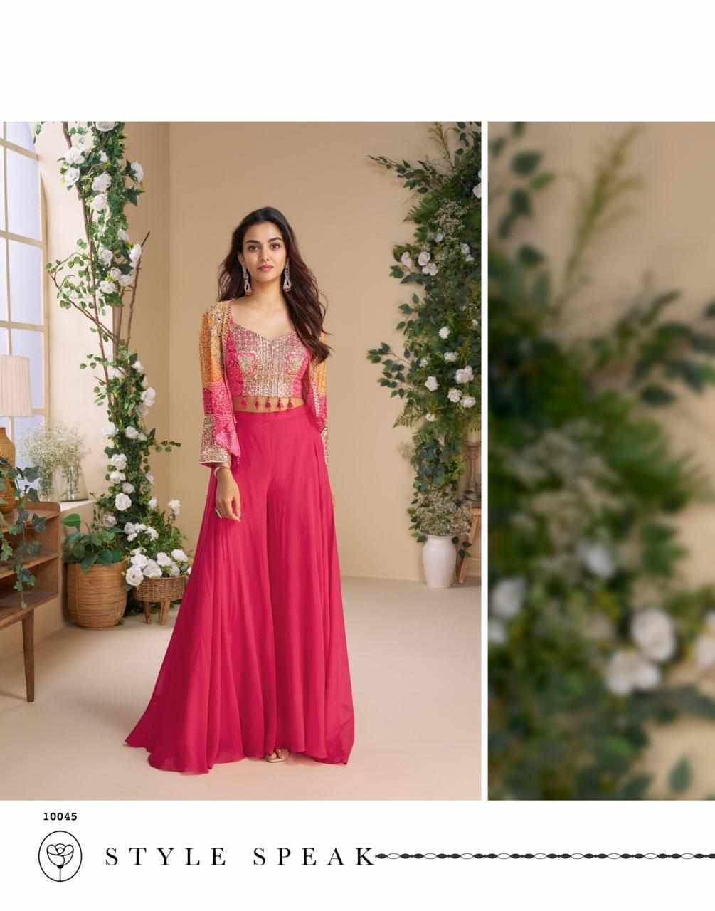 Moon By Sayuri 10045 To 10049 Series Designer Beautiful Festive Collection Occasional Wear & Party Wear Chinnon Silk/Georgette Crop Top With Bottom And Dupatta At Wholesale Price
