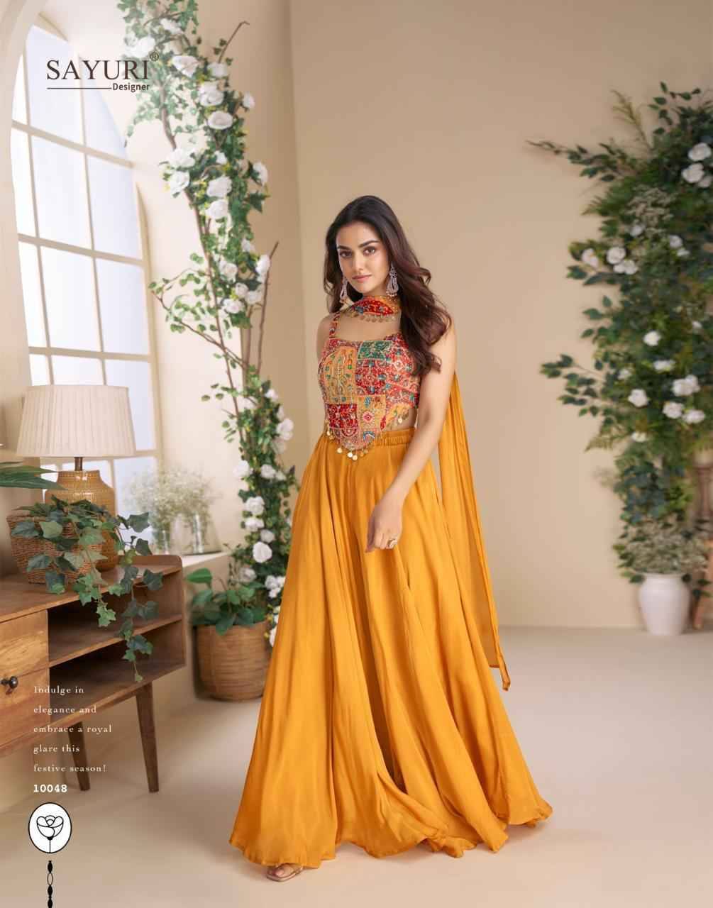 Moon By Sayuri 10045 To 10049 Series Designer Beautiful Festive Collection Occasional Wear & Party Wear Chinnon Silk/Georgette Crop Top With Bottom And Dupatta At Wholesale Price