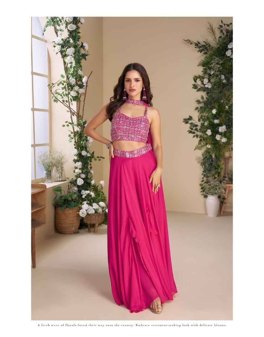 Moon By Sayuri 10045 To 10049 Series Designer Beautiful Festive Collection Occasional Wear & Party Wear Chinnon Silk/Georgette Crop Top With Bottom And Dupatta At Wholesale Price