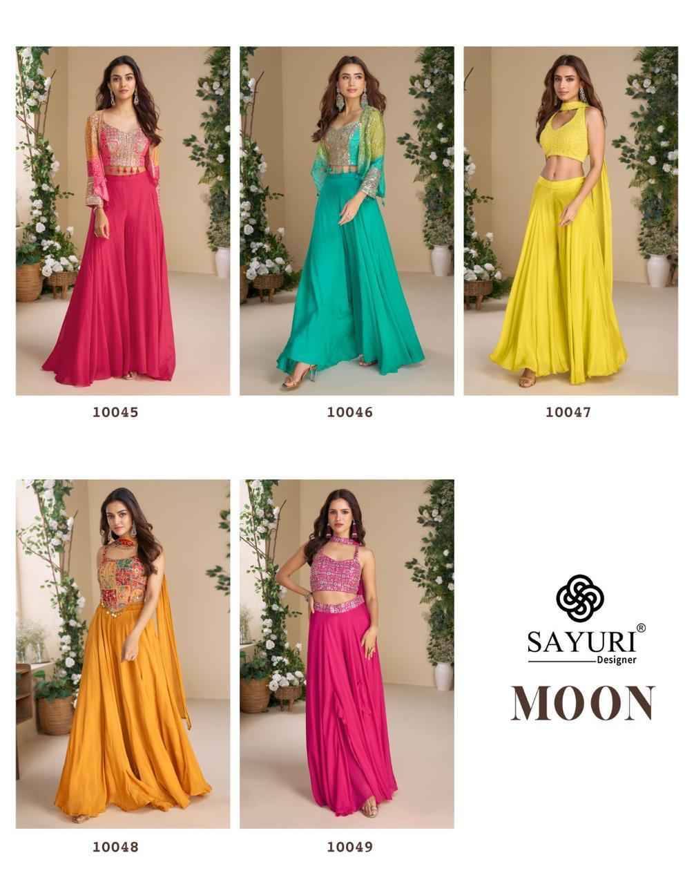 Moon By Sayuri 10045 To 10049 Series Designer Beautiful Festive Collection Occasional Wear & Party Wear Chinnon Silk/Georgette Crop Top With Bottom And Dupatta At Wholesale Price