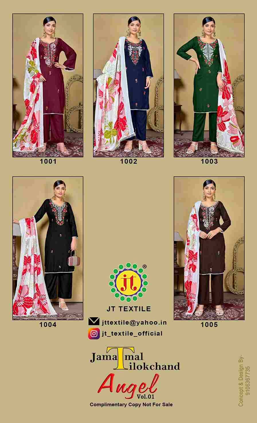 Angel Vol-1 By JT 1001 To 1005 Series Beautiful Festive Suits Colorful Stylish Fancy Casual Wear & Ethnic Wear Rayon Dresses At Wholesale Price