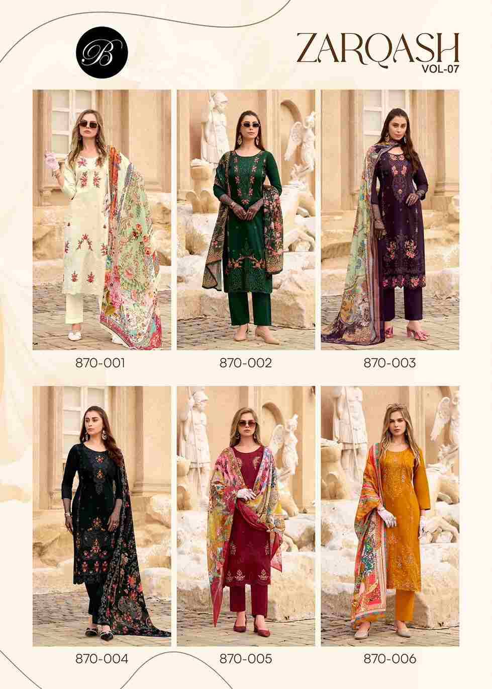 Zarqash Vol-7 By Belliza 870-001 To 870-006 Series Beautiful Festive Suits Stylish Fancy Colorful Casual Wear & Ethnic Wear Pure Jam Cotton Dresses At Wholesale Price