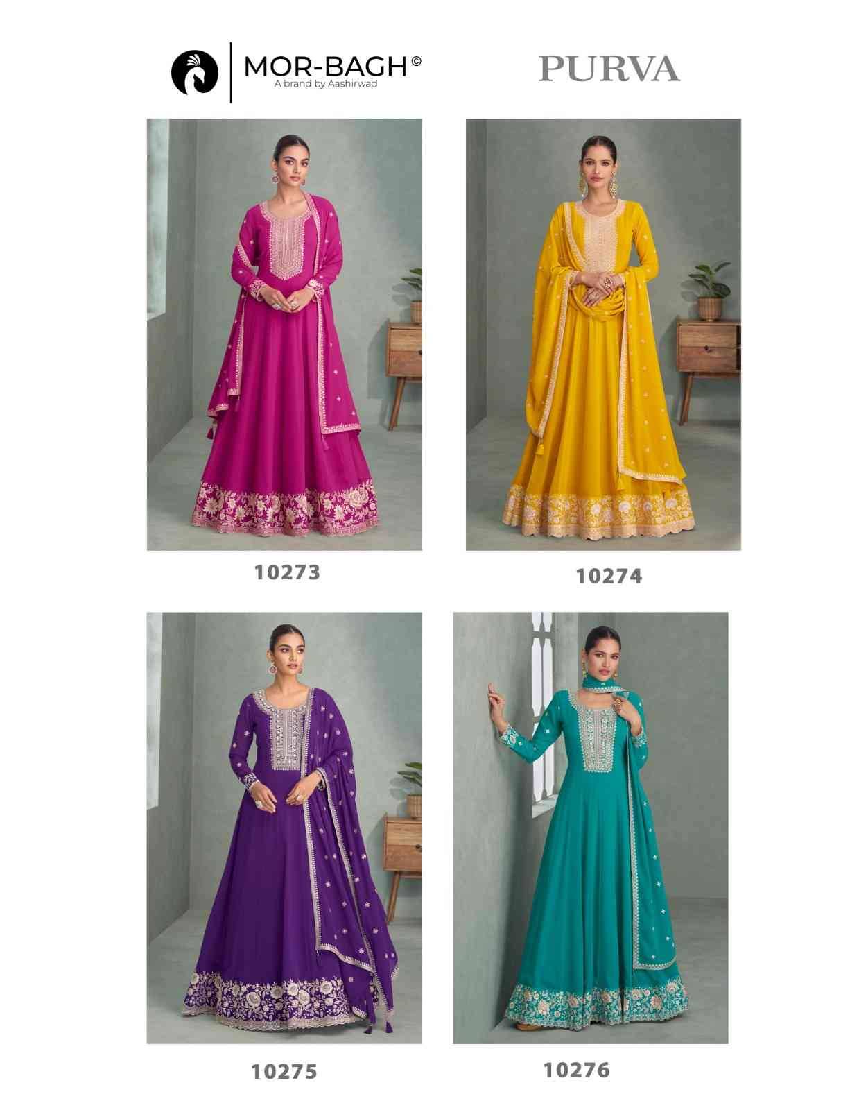 Purva By Mor-Bagh 10273 To 10276 Series Designer Beautiful Collection Occasional Wear & Party Wear Georgette Gowns With Dupatta At Wholesale Price