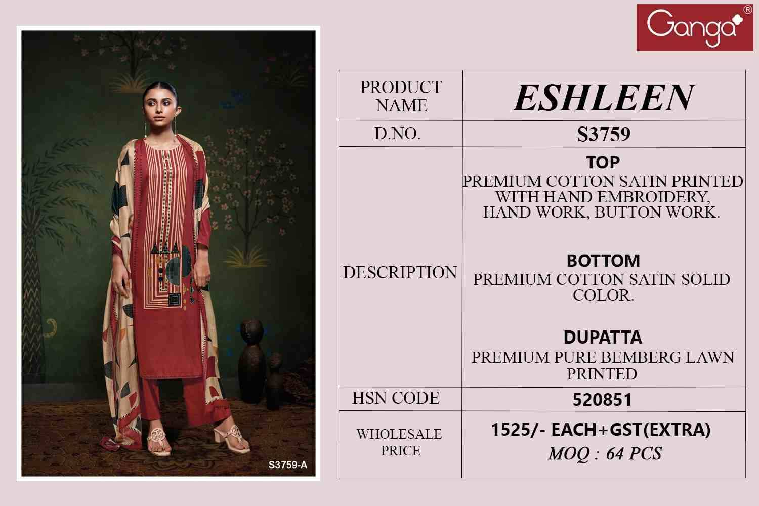 Eshleen-3759 By Ganga Fashion 3759-A To 3759-D Series Beautiful Festive Suits Colorful Stylish Fancy Casual Wear & Ethnic Wear Pure Cotton Satin Dresses At Wholesale Price