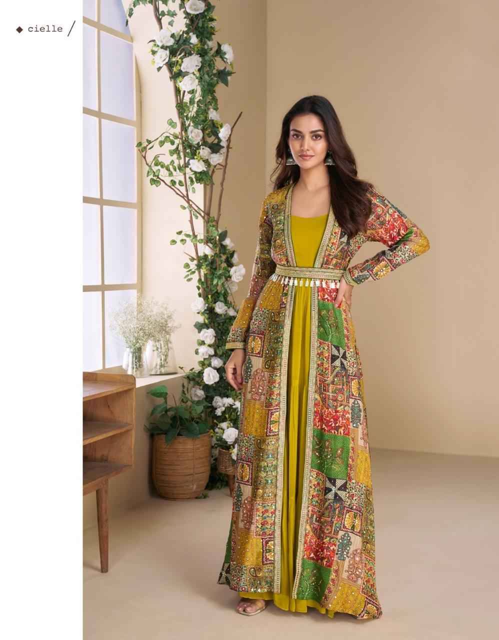 Janvi By Sayuri 5824 To 5827 Series Designer Beautiful Collection Occasional Wear & Party Wear Georgette Gowns With Shrug At Wholesale Price