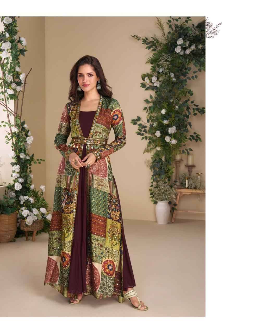 Janvi By Sayuri 5824 To 5827 Series Designer Beautiful Collection Occasional Wear & Party Wear Georgette Gowns With Shrug At Wholesale Price