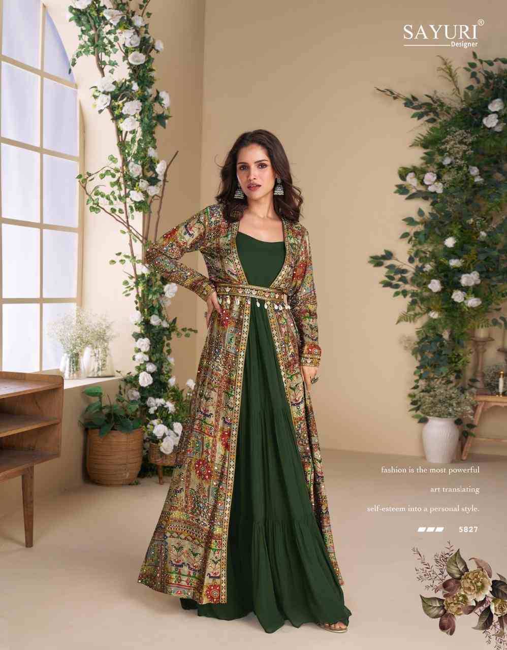Janvi By Sayuri 5824 To 5827 Series Designer Beautiful Collection Occasional Wear & Party Wear Georgette Gowns With Shrug At Wholesale Price