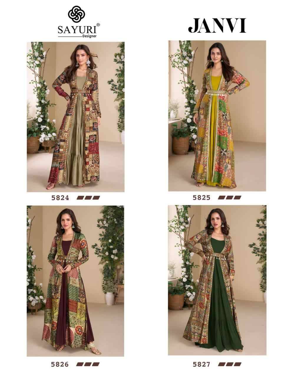 Janvi By Sayuri 5824 To 5827 Series Designer Beautiful Collection Occasional Wear & Party Wear Georgette Gowns With Shrug At Wholesale Price