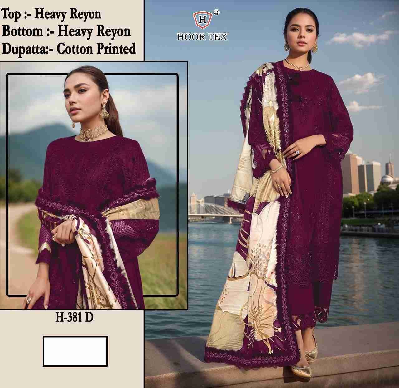 Hoor Tex Hit Design H-381 Colours By Hoor Tex H-381-A To H-381-D Series Designer Festive Pakistani Suits Collection Beautiful Stylish Fancy Colorful Party Wear & Occasional Wear Heavy Rayon With Embroidered Dresses At Wholesale Price