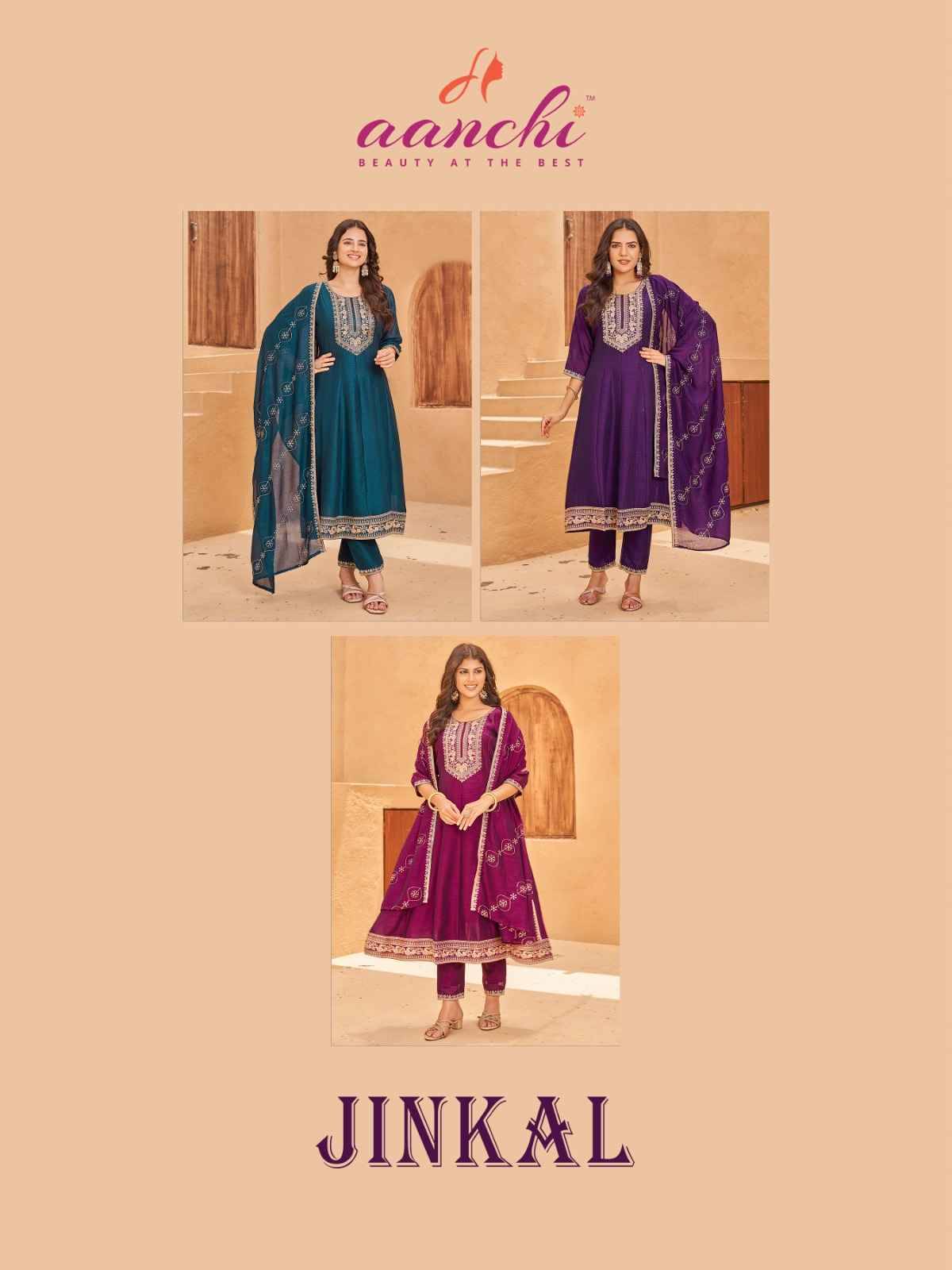 Jinkal By Aanchi 01 To 03 Series Beautiful Suits Colorful Stylish Fancy Casual Wear & Ethnic Wear Vichitra Silk Dresses At Wholesale Price
