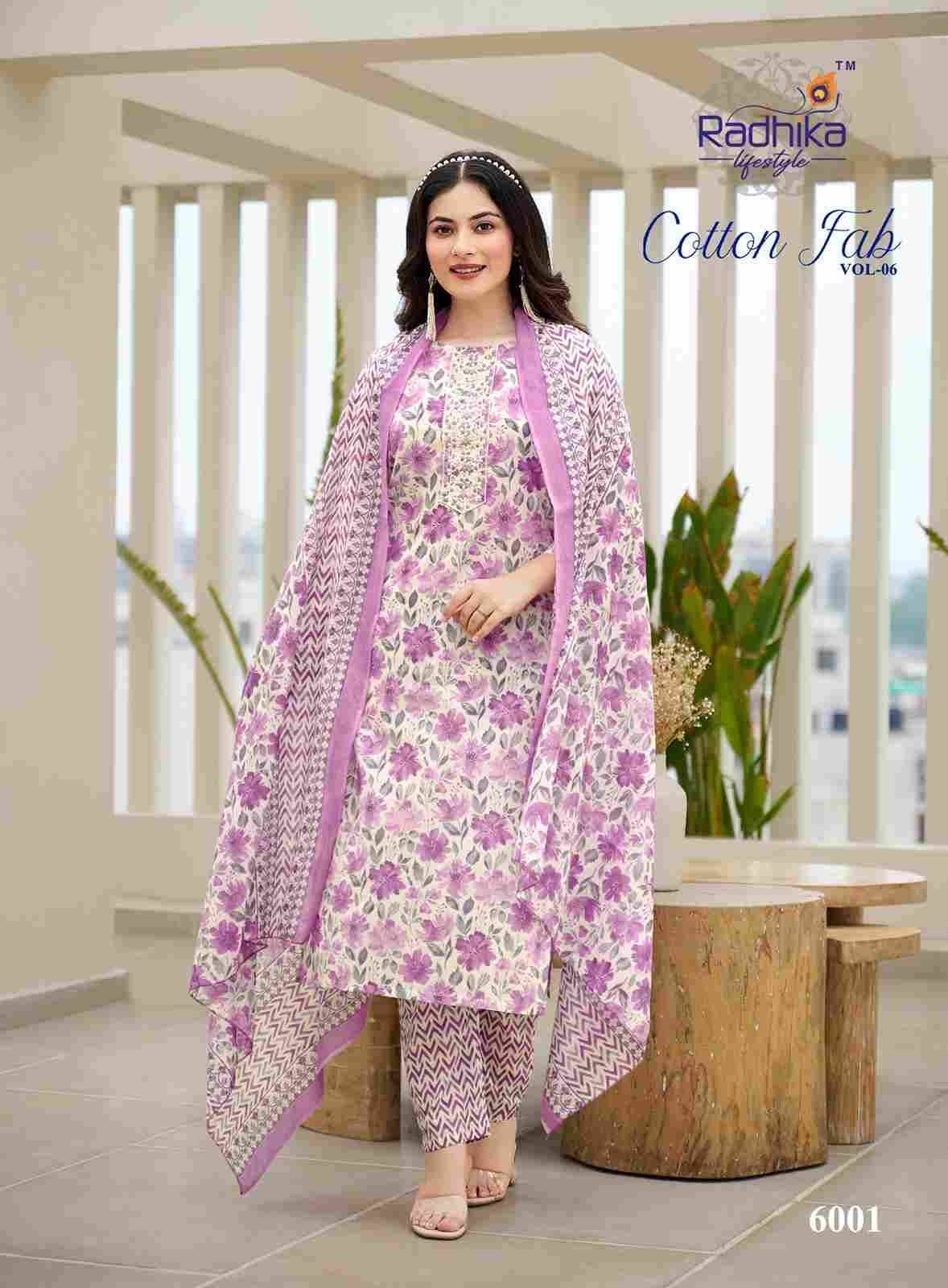 Cotton Fab Vol-6 By Radhika Lifestyle 6001 To 6008 Series Beautiful Stylish Festive Suits Fancy Colorful Casual Wear & Ethnic Wear & Ready To Wear Cotton Print Dresses At Wholesale Price