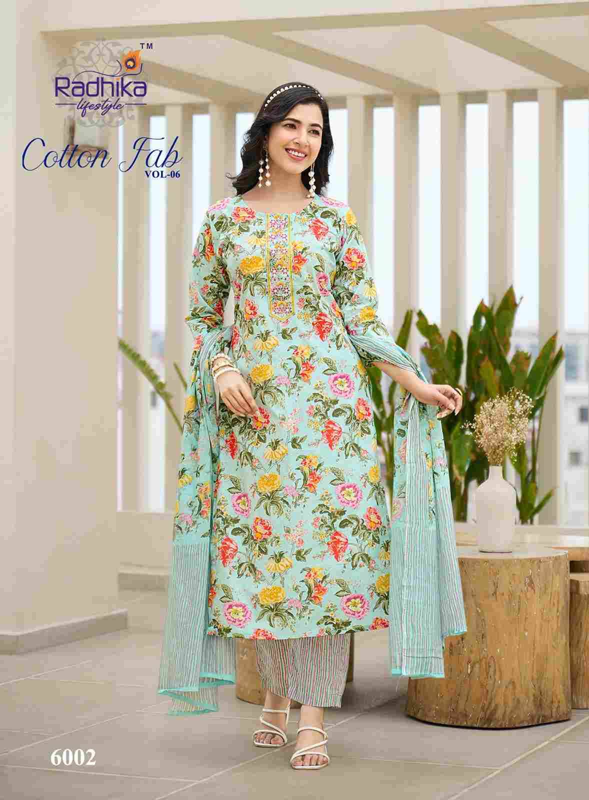 Cotton Fab Vol-6 By Radhika Lifestyle 6001 To 6008 Series Beautiful Stylish Festive Suits Fancy Colorful Casual Wear & Ethnic Wear & Ready To Wear Cotton Print Dresses At Wholesale Price