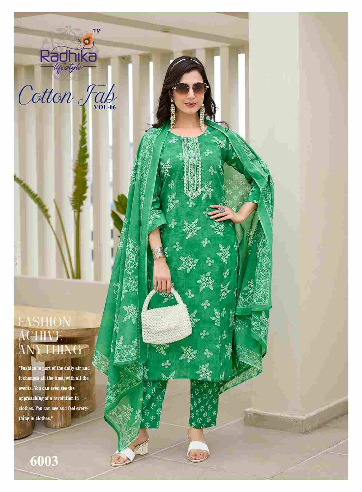 Cotton Fab Vol-6 By Radhika Lifestyle 6001 To 6008 Series Beautiful Stylish Festive Suits Fancy Colorful Casual Wear & Ethnic Wear & Ready To Wear Cotton Print Dresses At Wholesale Price