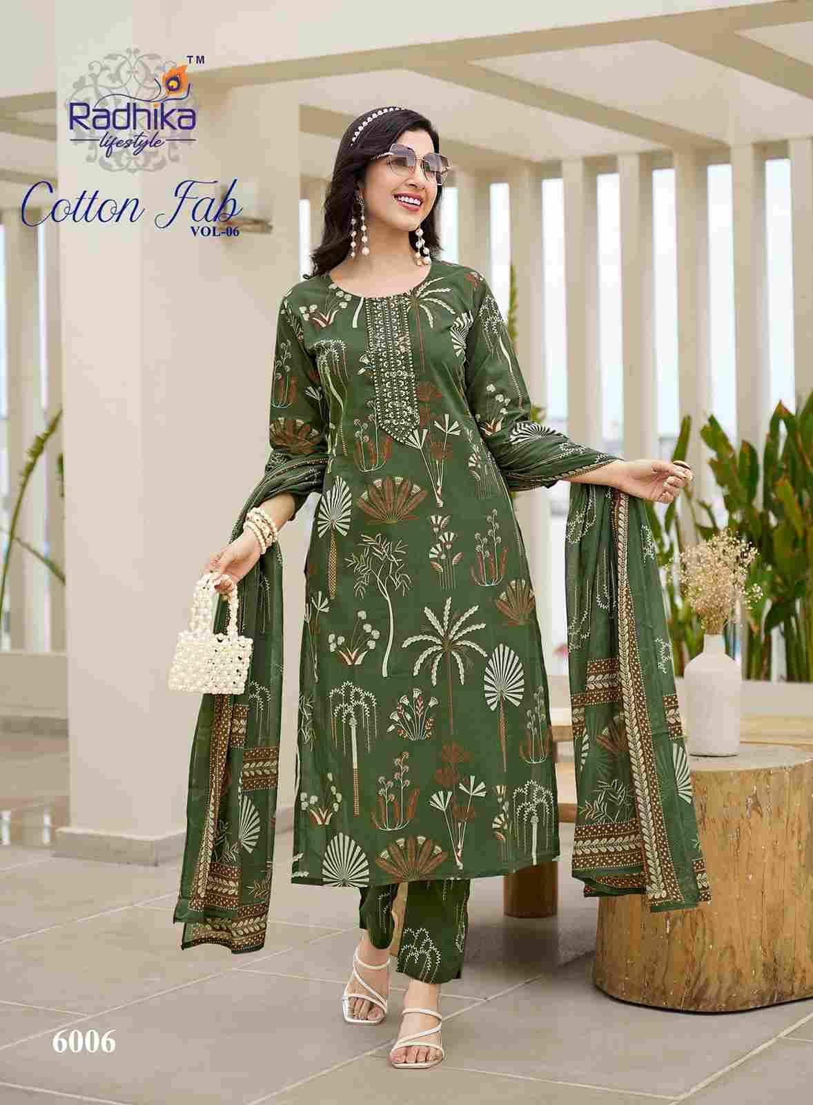 Cotton Fab Vol-6 By Radhika Lifestyle 6001 To 6008 Series Beautiful Stylish Festive Suits Fancy Colorful Casual Wear & Ethnic Wear & Ready To Wear Cotton Print Dresses At Wholesale Price