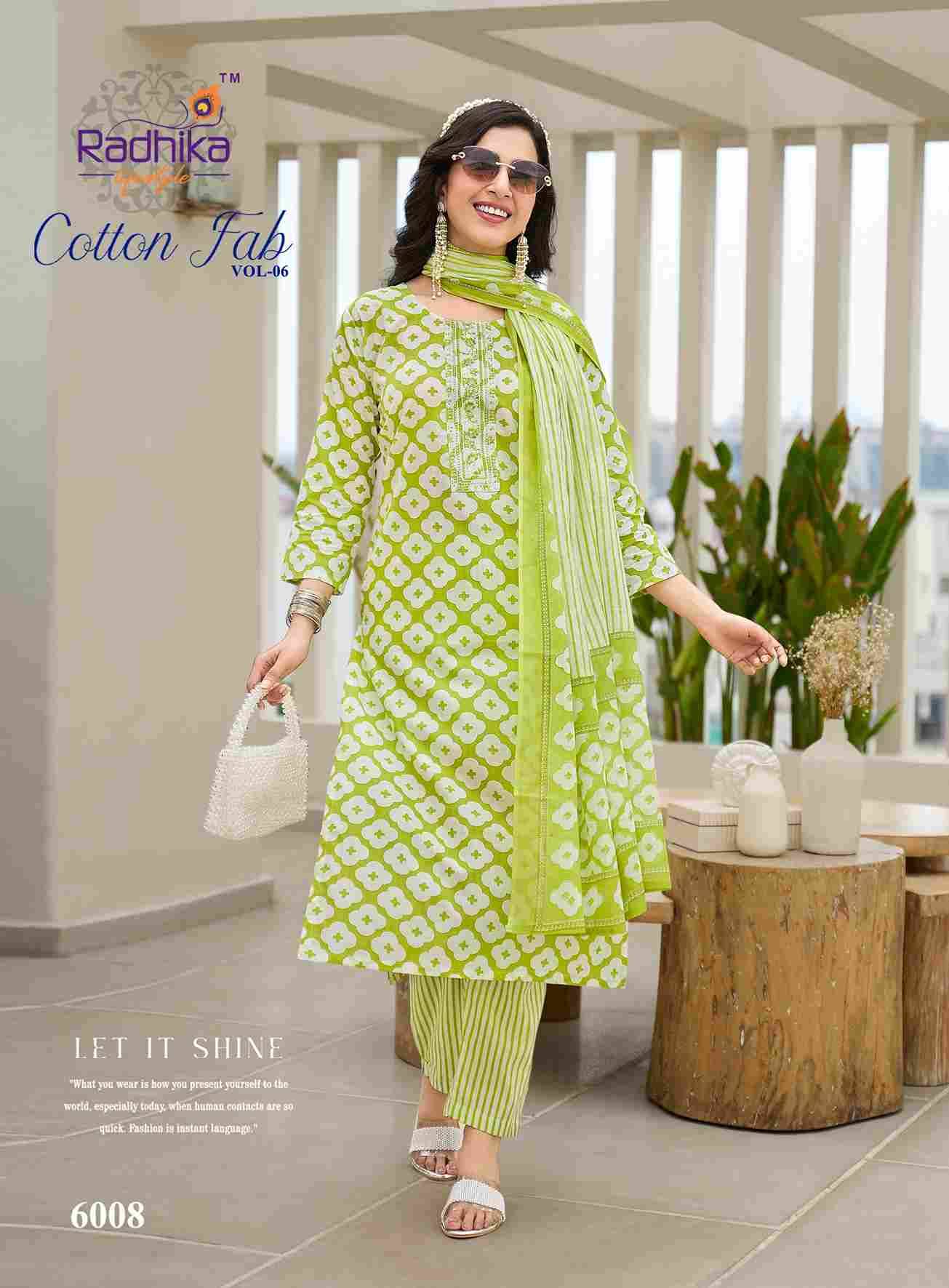 Cotton Fab Vol-6 By Radhika Lifestyle 6001 To 6008 Series Beautiful Stylish Festive Suits Fancy Colorful Casual Wear & Ethnic Wear & Ready To Wear Cotton Print Dresses At Wholesale Price