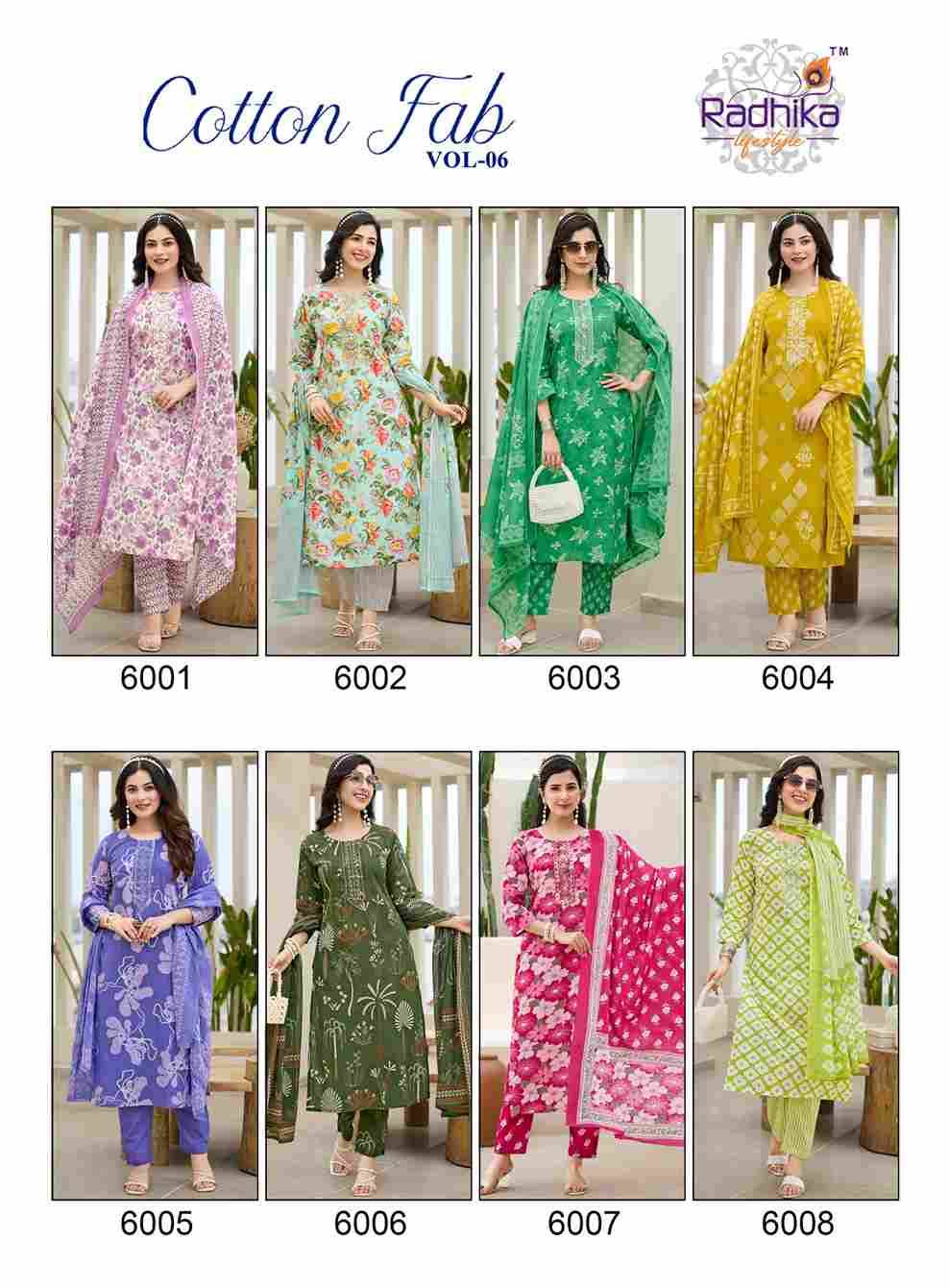 Cotton Fab Vol-6 By Radhika Lifestyle 6001 To 6008 Series Beautiful Stylish Festive Suits Fancy Colorful Casual Wear & Ethnic Wear & Ready To Wear Cotton Print Dresses At Wholesale Price